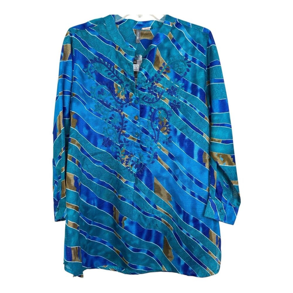Anu Tunic Top Embroidered Art To Wear Sz Medium Blue Sheer Rayon Long Sleeve